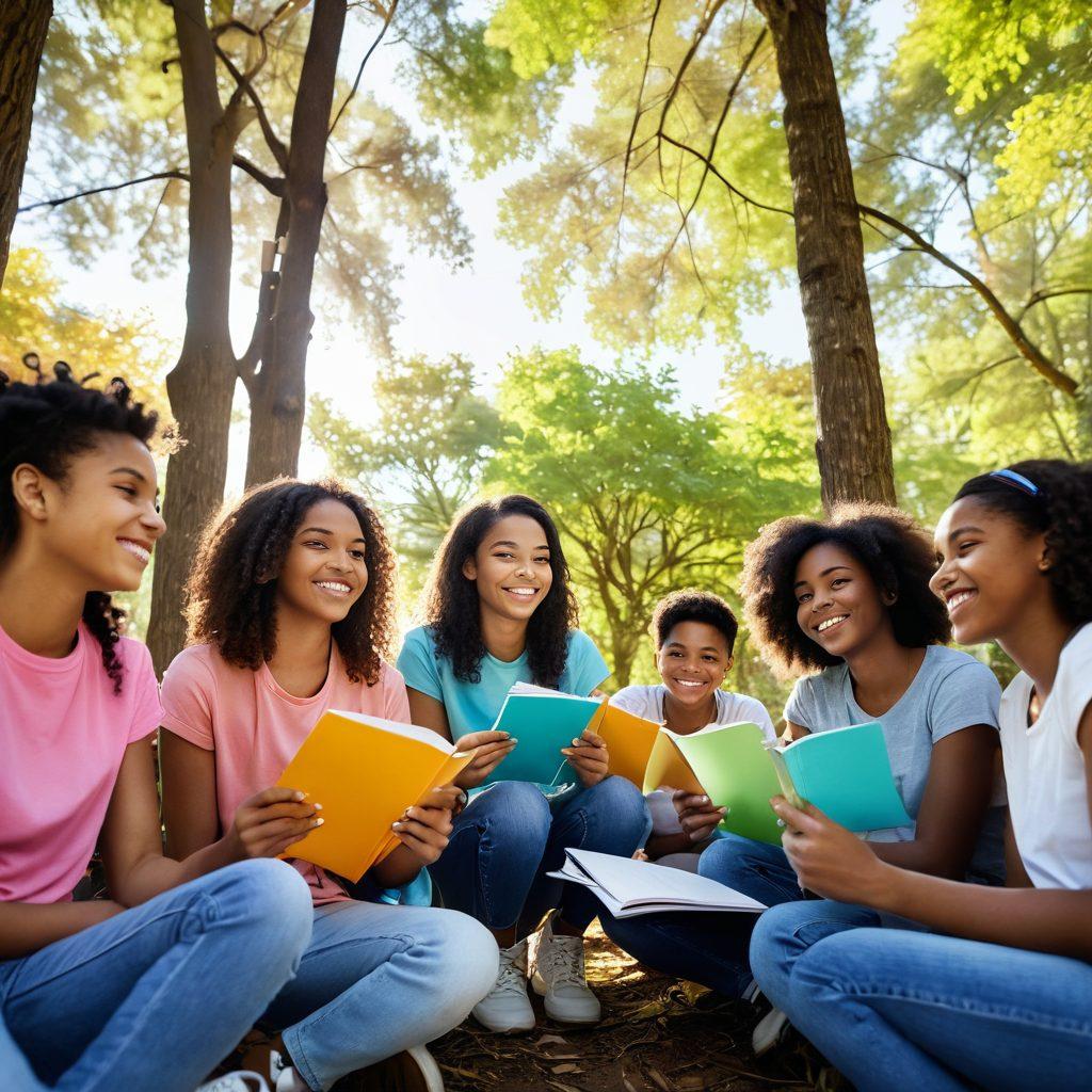 A group of diverse teenagers sitting in a circle, engaged in an empowering discussion, surrounded by nature. They are smiling, each holding colorful notebooks filled with positive affirmations. The background features bright sunlight filtering through trees, symbolizing hope and growth. Vibrant colors. super-realistic.