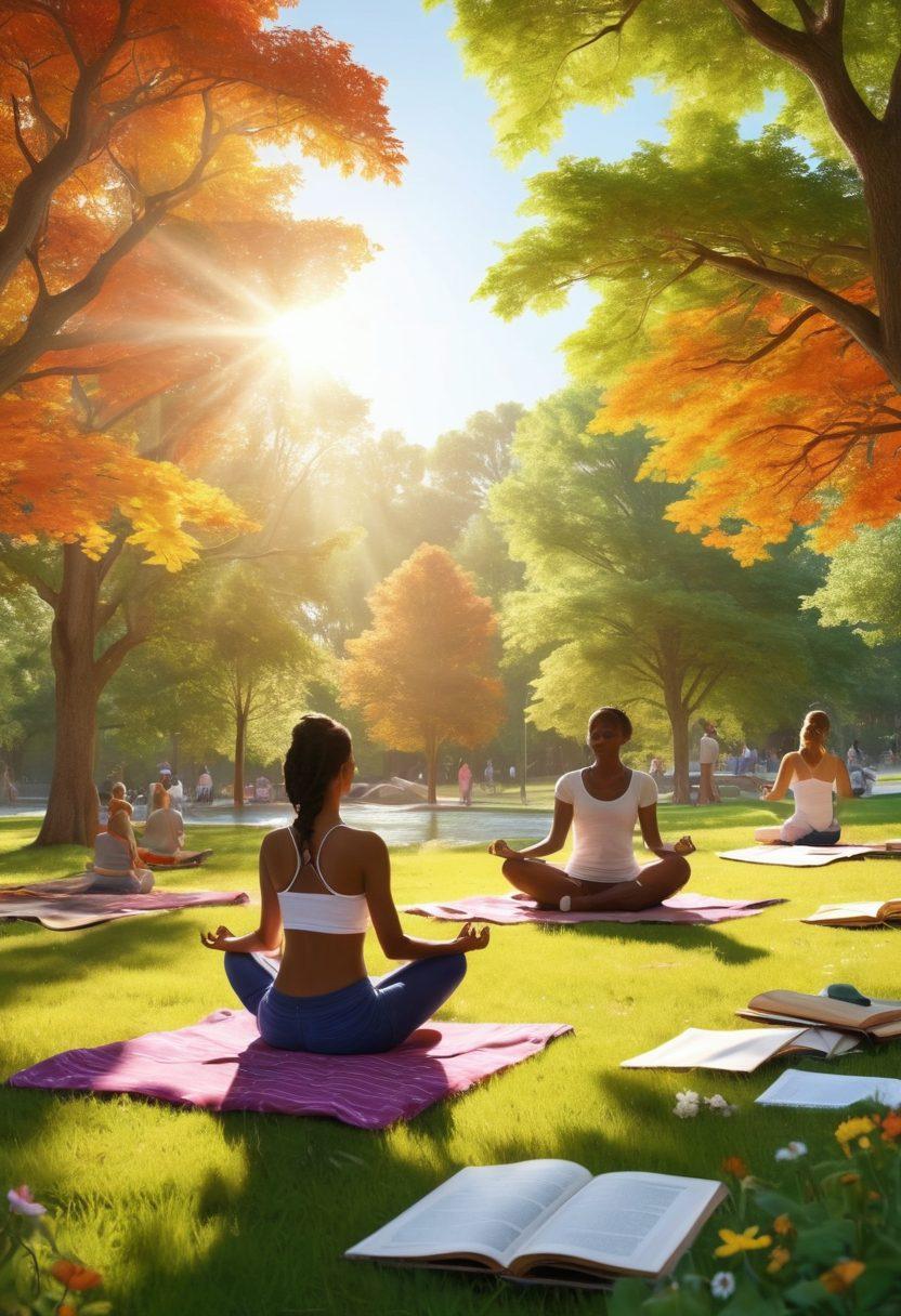A serene park setting with diverse young people engaged in various emotional wellness activities such as meditation, group discussions, and art therapy. Bright and uplifting colors fill the scene, with nature surrounding them, symbolizing growth and harmony. Include elements like books and mindfulness tools to represent the resources available. The sun shines brightly, creating a hopeful atmosphere. super-realistic. vibrant colors. 3D.