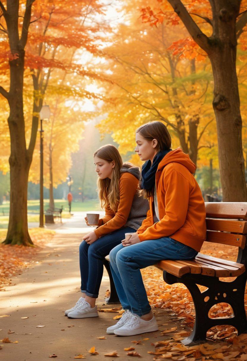 A serene landscape depicting a pair of teenagers sitting on a park bench, engaged in a deep conversation, surrounded by warm autumn colors. Nearby, a supportive adult listens attentively, holding a cup of tea, symbolizing guidance and care. The background features soft sunlight filtering through trees, creating an atmosphere of hope. The scene conveys emotional connection and support, encapsulating the essence of adolescent well-being. super-realistic. vibrant colors. warm tones.